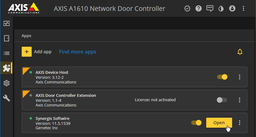 AXIS device interface - Apps page, showing the Synergis Softwire panel.