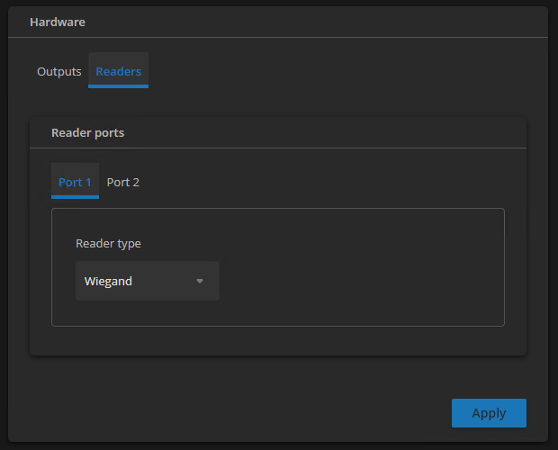 Powered by Genetec - Hardware page - Hardware section - Readers tab, with Wiegand selected as reader type on Port 1.