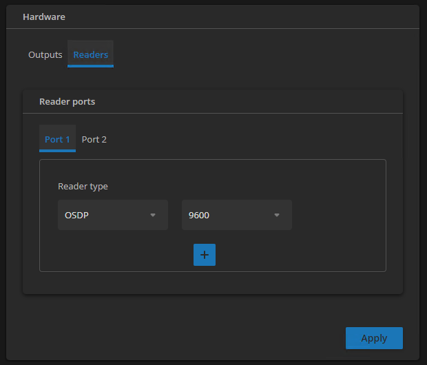 Powered by Genetec - Hardware page - Hardware section - Readers tab, with OSDP selected as reader type on Port 1 and the baud rate set to 9600.