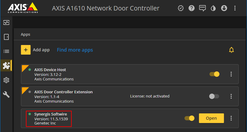 AXIS device interface - Apps page, showing the Softwire app version in the Synergis Softwire panel.