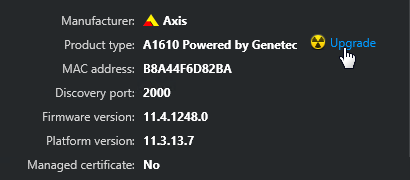 Config Tool - Axis Powered by Genetec unit - Identity page - Upgrade button.