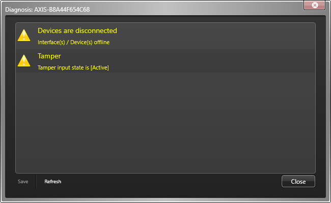 Diagnosis window showing an Axis Powered by Genetec unit with an active Tamper input warning.