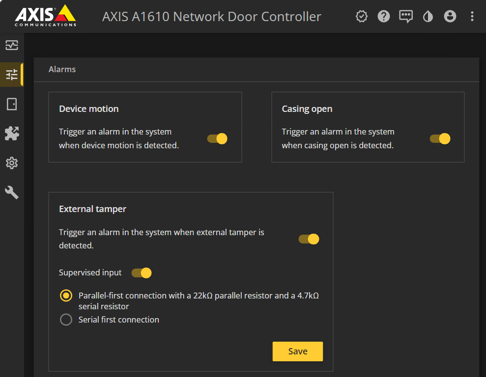 Alarms page in the AXIS device interface.