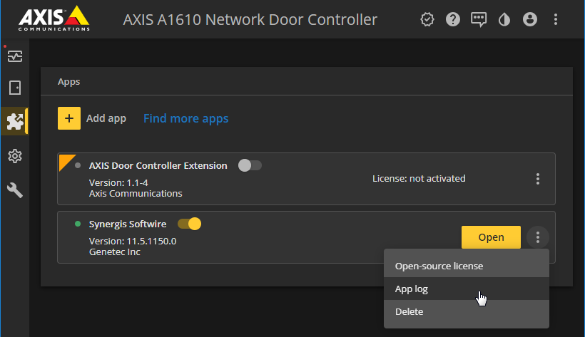 AXIS device interface - Apps page, showing the Synergis Softwire panel with the menu option App log selected.