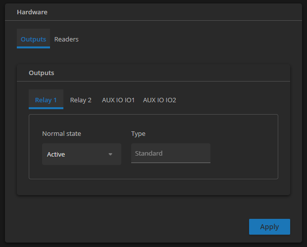 Powered by Genetec - Hardware page - Hardware section - Outputs tab.