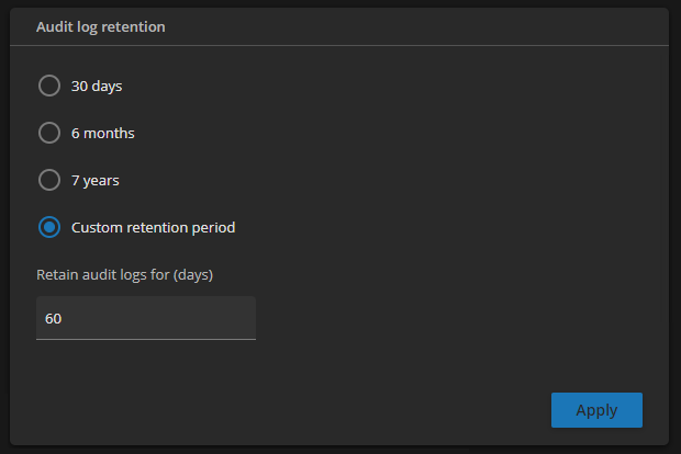 Powered by Genetec page - Logs - Audit log retention section.