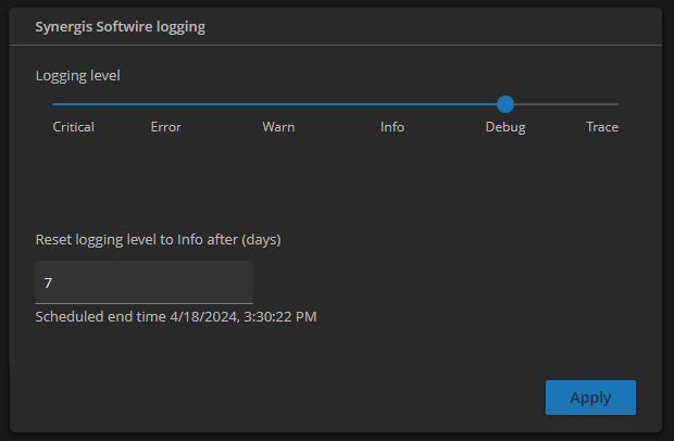 Powered by Genetec page - Logs - Synergis Softwire logging section.