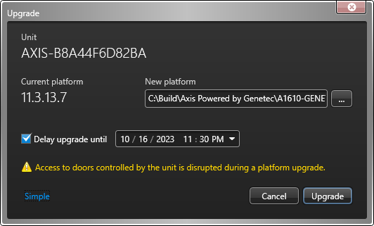 Upgrade dialog box shown in advanced mode with the Delay upgrade option.