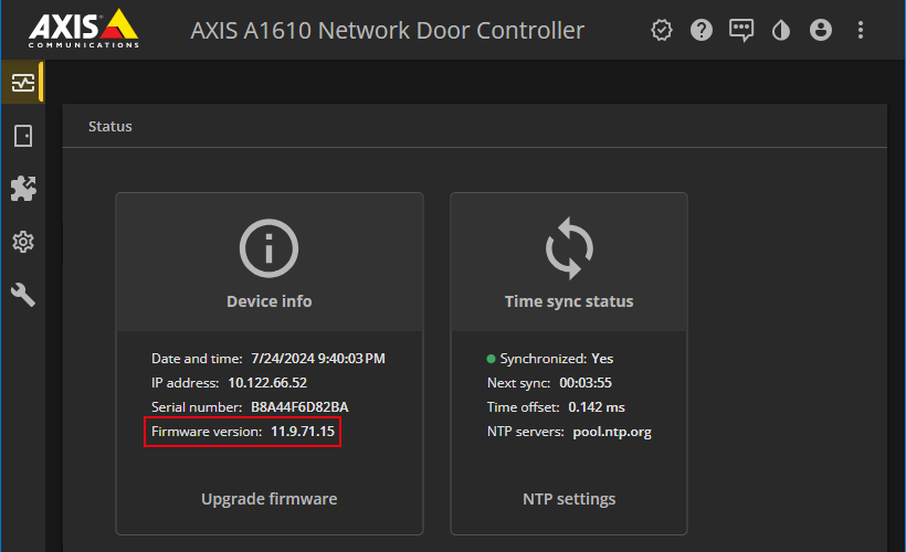 AXIS device interface - Status page, showing the Axis firmware version in the Device info panel.