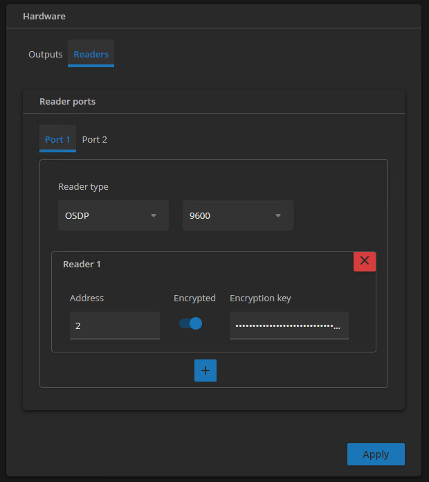 Powered by Genetec - Hardware page - Hardware section - Readers tab, with one OSDP reader configured on Port 1 at Address 2, and with Encryption enabled.